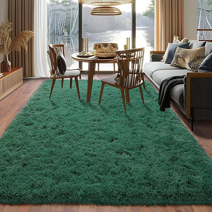 Super Fluffy 8x10 Rugs for Living Room, Modern Shag Dark Green Area Rugs, Soft and Cozy Plush Large Under Bed Carpet for Kids, Girls Boys and Teens Decorations for Bedroom Nursery Classroom
