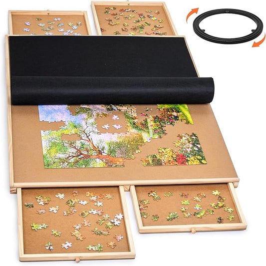 Gamenote 1500 Pieces Rotating Jigsaw Puzzle Table with Cover, Portable Large Puzzle Board with Drawer, Wooden Smooth Plateau Work Surface for Kids Family Game