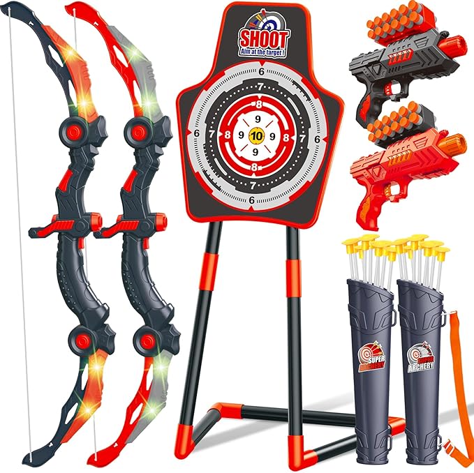 GMAOPHY Bow and Arrow for 5 6 7 8 9 10 11+ Year Old Boys, Birthday Gift for Kids, Indoor Outdoor Activity Toys, 2 Pack LED Light Up Archery Toy with 20 Suction Cup Arrows, Standing Target, 2 Quiver