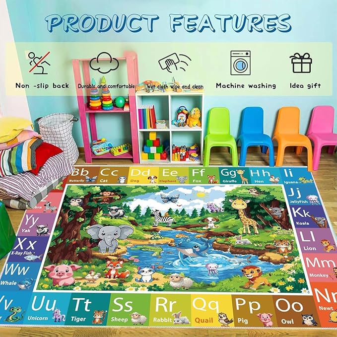 ABC Rug for Kids Room, ABC Baby Mats for Floor Toddlers, Non Silp Alphabet Play Mat Elementary Preschool Kid's Rugs with Animal Illustrations - (78.7X59 Inches)