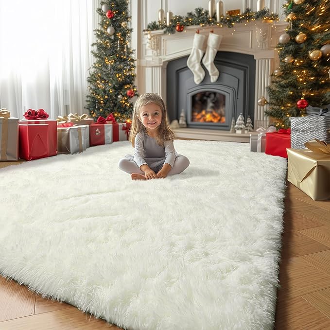 Amdrebio Ivory Area Rugs for Bedroom Living Room, 5x8 Soft Fluffy Modern Indoor Cute Carpet for Kids Room, Home Decor, Thick Fuzzy Rugs for Playroom Nursery Dorm Classroom, Cozy Furry Cream White Rug