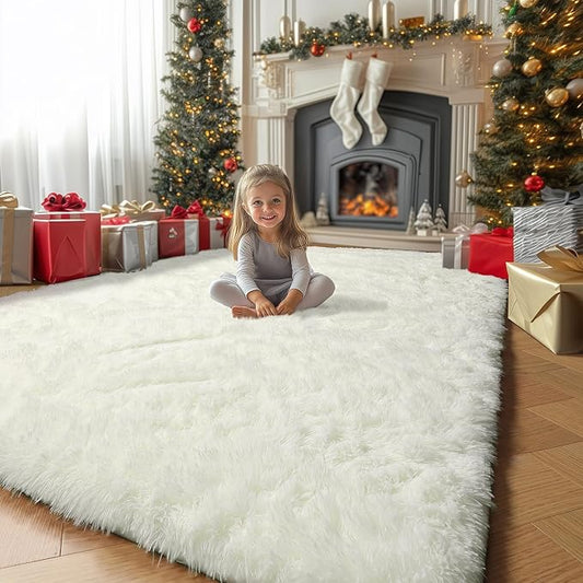 Amdrebio Ivory Area Rugs for Living Room Bedroom, 8x10 Big Large Soft Fluffy Neutral Carpet for Kids Room, Shaggy Thick Fuzzy Floor Rugs for Apartment Playroom Nursery Classroom, Furry Cream White Rug