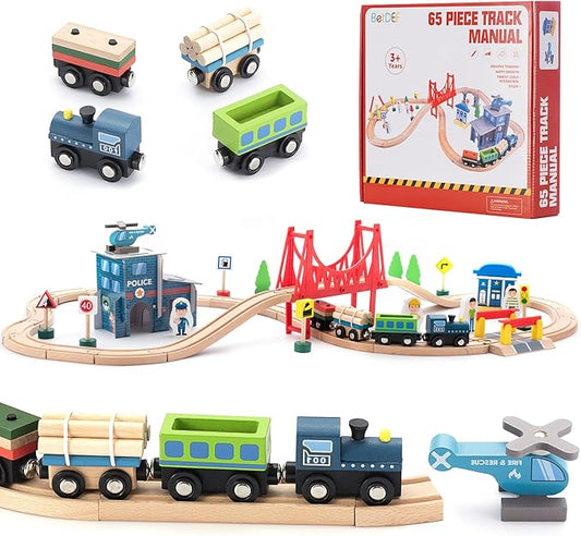 Wooden Train Set 65PCS, Toy Train Sets with All-Wood Double Sided Train Tracks for Boys & Girls Fits Thomas, Brio, Melissa and Doug...(65PC)