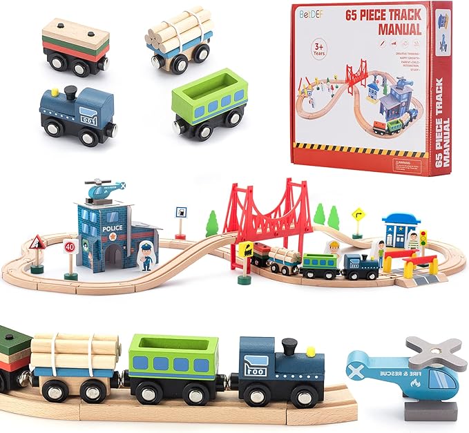 Wooden Train Set 65PCS, Toy Train Sets with All-Wood Double Sided Train Tracks for Boys & Girls Fits Thomas, Brio, Melissa and Doug...(65PC)