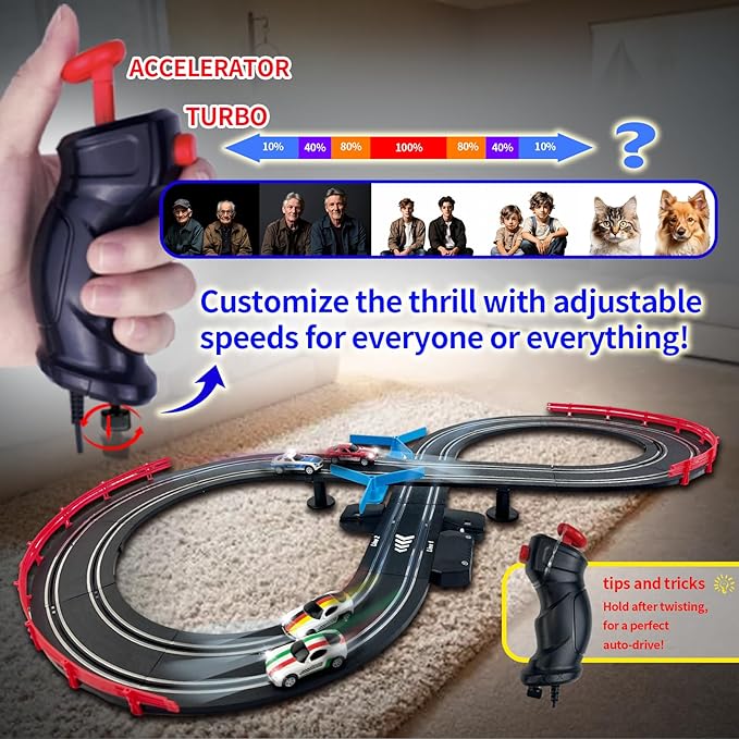 AGM MASTECH Slot Car Race Track Sets with 4 Exquisite Slot Cars, Battery or Electric Car Track, 2 Controllers, Lap Counter, Gift Toys for Boys and Girls Age 4 5 6 7 8-12