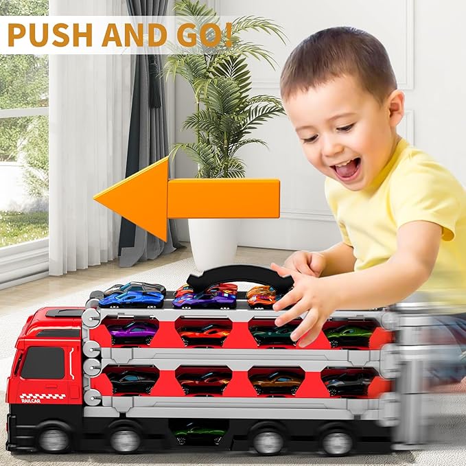 Racing Car Railway Truck Toy for Boys 2 3 4 5 6 7 Years Old - 78.7-inch Transport Carrier Trucks, Foldable Tracks Storage, die-cast Car, for Toddlers and Kids Aged 3-5