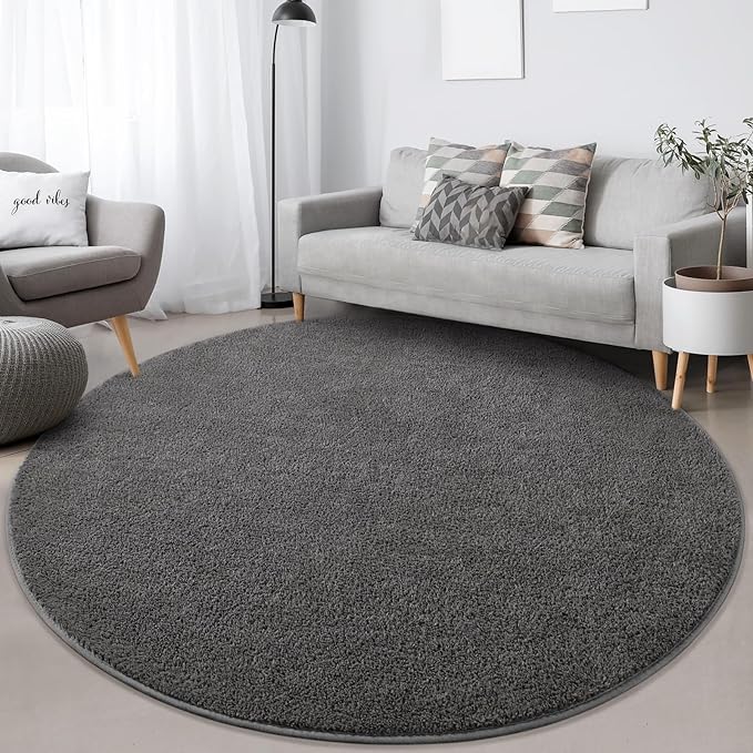 FlyDOIT Round Area Rugs for Bedroom Living Room, 5x5 Dark Grey Super Soft Comfy Thickened Memory-Foam Indoor Circle Carpet, Modern Aesthetic Minimalist Carpet for Boys Girls Adults Nursery Home Décor