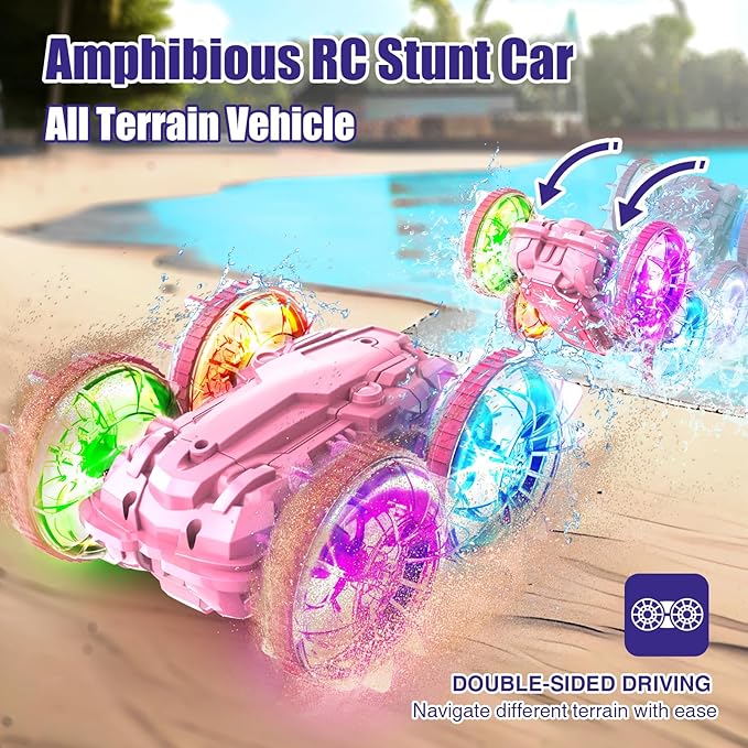 Amphibious Remote Control Car Boat, Waterproof Pool Toys for Kids Ages 6 7 8 9 10 11 12, 2.4 GHz Gesture Sensing RC Vehicle, 4WD Stunt Car with LED Lights, Gifts for Boys and Girls