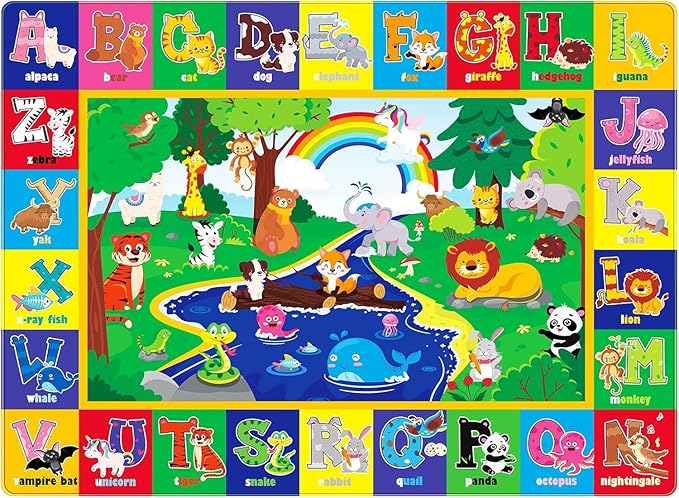 Kids Play Rug, Animals Print Baby Mat for Floor, Kids Rug for Playroom, ABC Educational Rug, Non-Toxic Soft Baby Crawling Mat, Tummy Time Mat, Nursery Rugs (Green, 47.2X31.5 INCH)