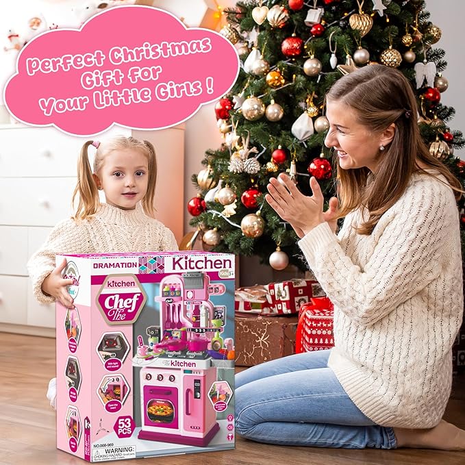 Kids Kitchen Playset, 27.1 Inches Play Kitchen with Sound and Light, Kitchen Set for Toddlers 1-3 3-5, Cooking Stove, Play Sink and Kitchen Accessories, Toy Kitchen (Pink)