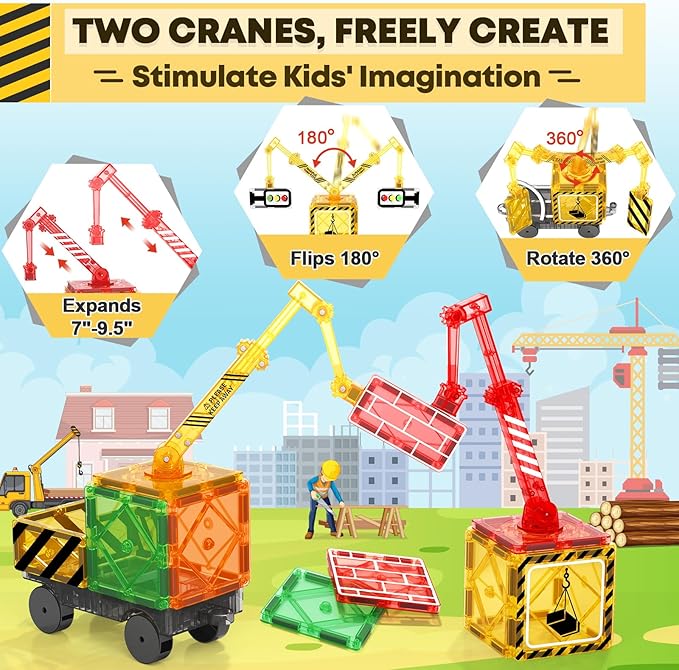 Kids Games Magnetic Tiles with 2 Cranes Construction Toys Set Sensory Toys for Boys Girls Ages 3-6 5-7 8-13, Gifts for 3+ Year Old Boys Girls Toddler Outdoor Kids Toys with Car