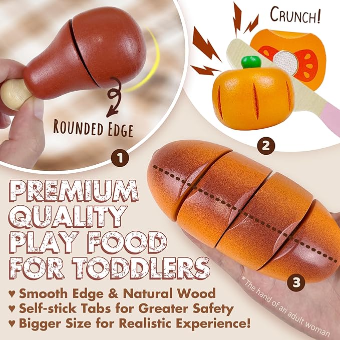 Wooden Play Food Sets for Kids Kitchen Toddlers Wood Toys Cutting Fruit Pretend Food Play Kitchen Accessories Set for Boys and Girls
