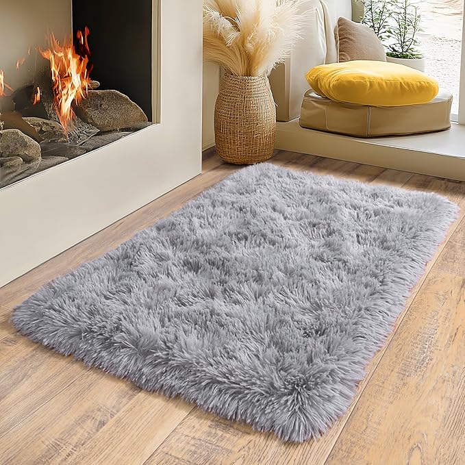 Super Fluffy Throw Rug for Bedroom, Modern Shag Grey Area Rugs, Soft and Cozy Plush Small Carpet for Kids,Girls Boys and Teens Decorations for Living Room Dorm Nursery Classroom, 2x3 Feet