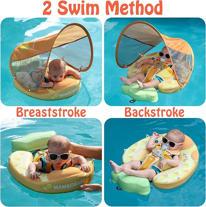 Mambobaby Float Add Tail Baby Swim Float with Canopy Solid Pool Infant Swim Trainer Swimming Training Lying Air Free Water Floats Non-Inflatable Waist Swim Ring for Toddlers (Pineapple)