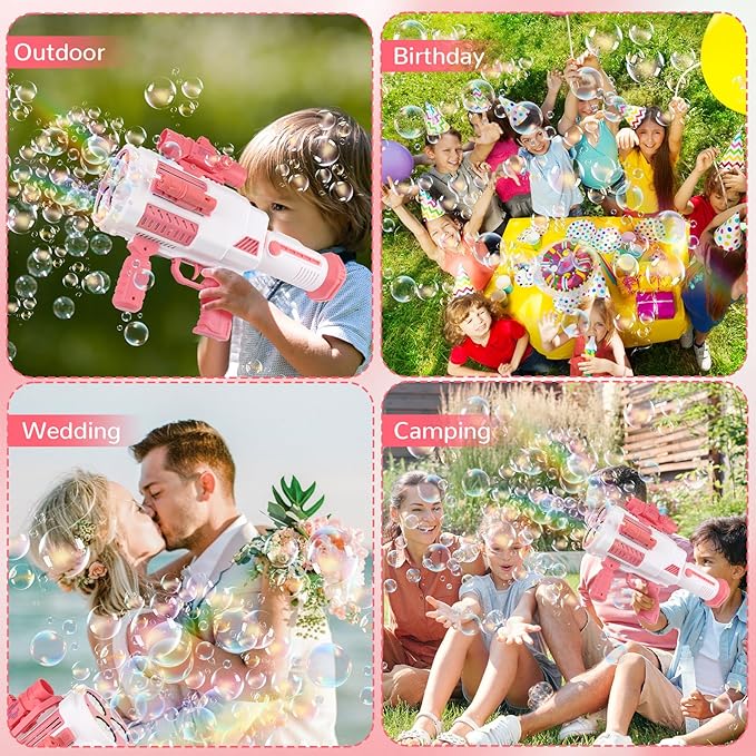 Bubble Gun, Upgrade Gatling Bubble Machine Gun Portable Bubble Maker with Backpack, Anti-Leakage Bubble Blower Gun Gifts for Boys Girls Age 3 4 5 6 7 8 9 10 11 12 Years Old (Pink)