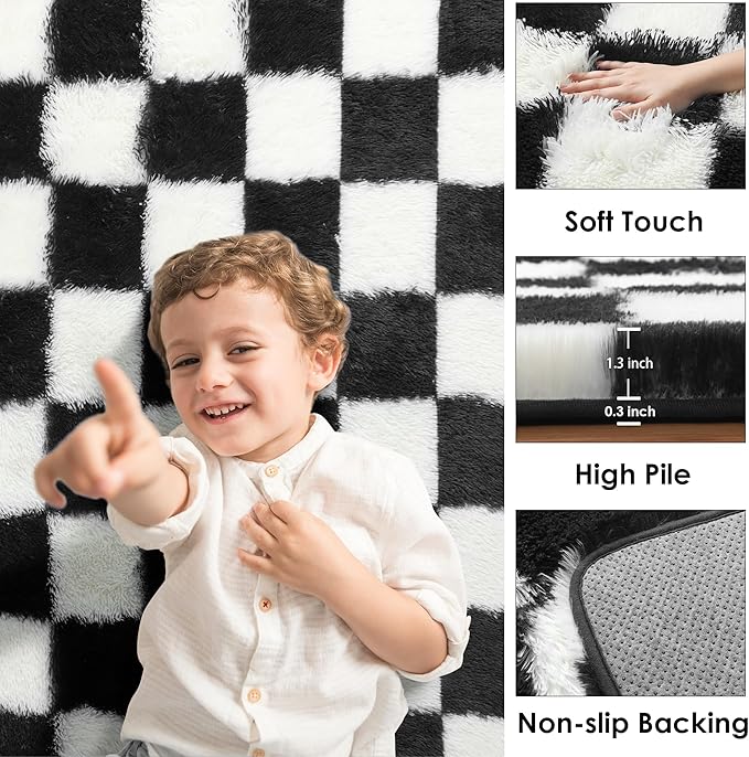 KICMOR Area Rugs for Bedroom Living Room, 4x6 Black and White Fluffy Soft Checkered Rug Fuzzy Shag Shaggy Carpet, Indoor Plush Floor Rugs for Kids Boys Girls Teen Dorm Nursery Home Decor Aesthetic
