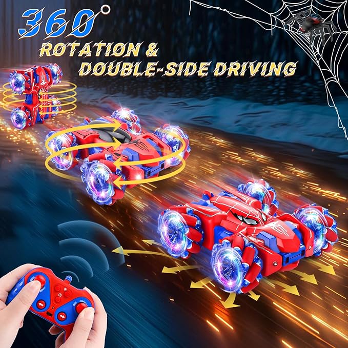 Spider Remote Control Car, 2.4Ghz RC Cars with Headlight Double Sided Off-Road 360° Rotating Rechargeable 4WD RC Stunt Car Indoor Outdoor Spider Toys for Boys 4-6 5-7 8-13