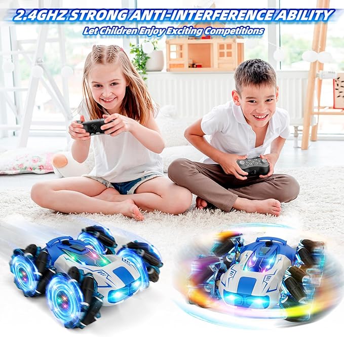 Remote Control Car Drift Stunt Car, 4WD 2.4 GHz Double-Sided 360° Rotating RC Stunt Crawler with LED Lights, Music, and Spray, RC Stunt Cars Toys for Ages4-6 5-7 8-13 Ideal Gift for Boys & Girls