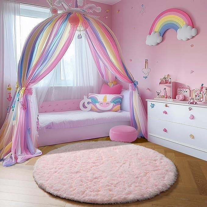 Amdrebio Light Pink Round Rug 4Ft for Girls Bedroom, Fluffy Circle Area Rugs for Kids Room Decor Aesthetic, Cute Shag Fuzzy Carpet for Nursery, Preppy Dorm, Classroom, Playroom, Teen, Baby, Washable