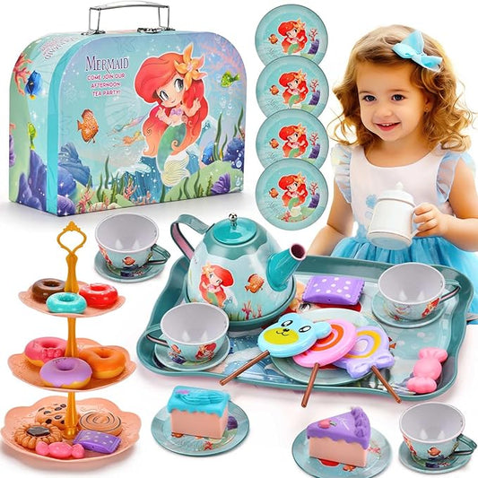 Mermaid Tea Party Set for Little Girls,Birthday Gifts for Age 3 4 5 6 Year Old Girls,Pretend Tin Teapot, Cups, Plates,and Food Sweet Treats Playset for Princess Tea Time Play Kitchen Toys
