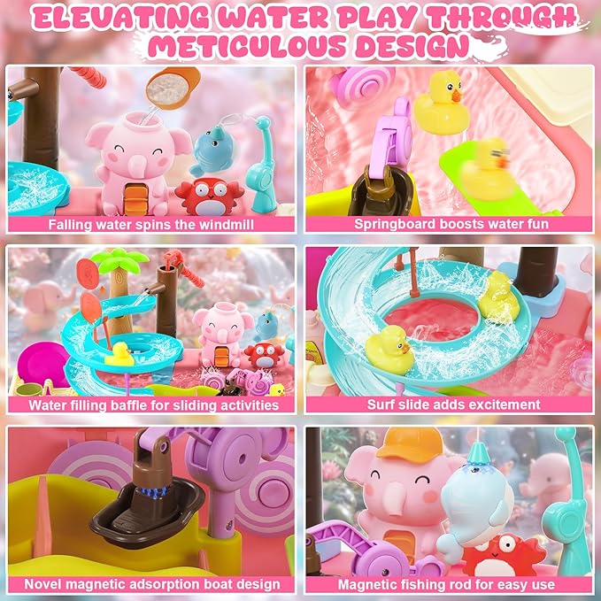 Play Sink with Running Water, 4-in-1 Water Table Toy with Slide Track, Magnetic Fishing Game Floating Toys for Water Play for Kids Toddlers 1-3 3-8 (Pink)