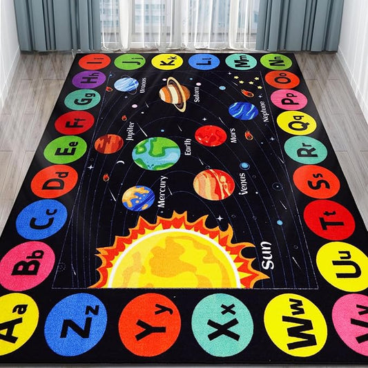 Kids Rug Outer Space Carpet for Playroom, ABC Educational Learning Area Rug, Non-Slip Solar System Road Play Play Rug for Kids Bedrooms, Classroom (Black, 110.2X78.7 INCH)