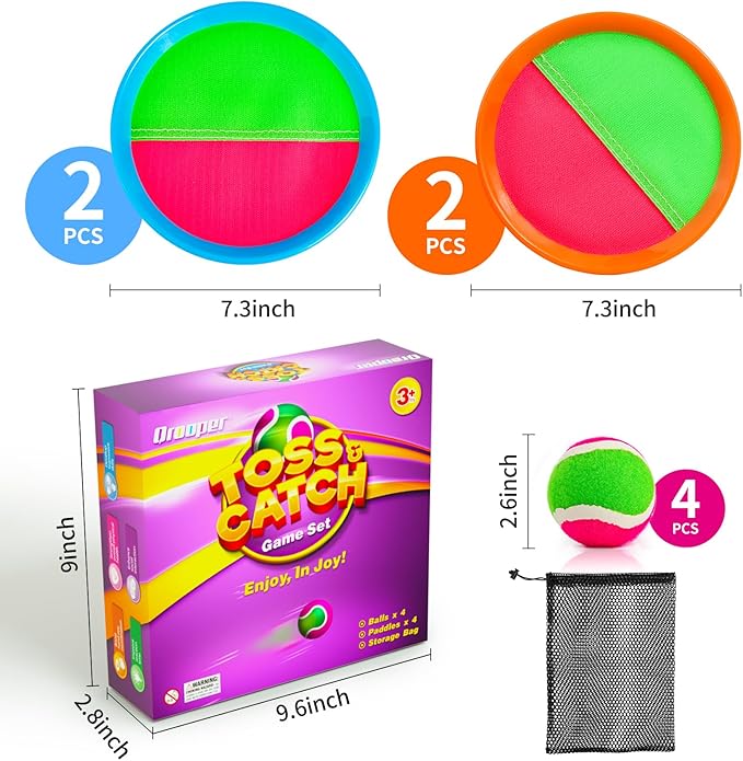 Kids Outdoor Toys - Toss and Catch Game Set, Outside Yard Camping Beach Pool Toys Games for Boys Girls 3 4 5 6 7 8 9 10 Year Old, 4 Paddles 4 Balls (Blue+Orange)