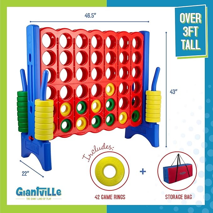 Giantville Giant 4 in a Row Connect Game + Storage Carry Bag - 4" Wide X 3.5" Tall - Oversized Jumbo Sized Entertainment for Outdoor/Indoor Play for Kids & Adults - Durable Waterproof - 2024 Version