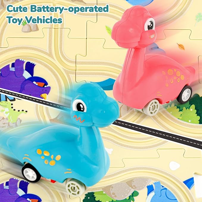 Puzzle Racer Kids Car Track Set with 2 Dino Cars, Kids Toys for 3-5 Year Old Boys, Montessori Toys for 3+ Year Old