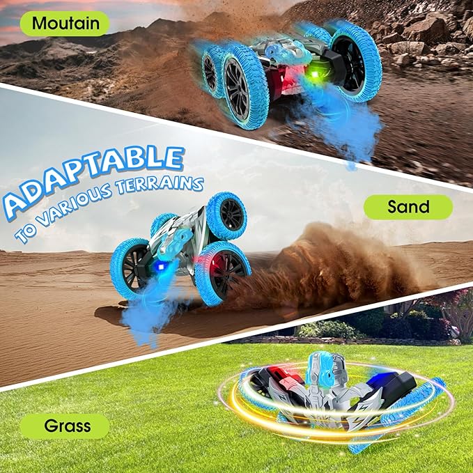 Remote Control Car, 360° Rotating RC Stunt Car with Lights and Spray, 2.4Ghz 4WD Double-Sided Driving RC Car Toys for Kids, Outdoor Dinosaur Truck Gift for Boys and Girls Age 4-7,8-12 (Blue)