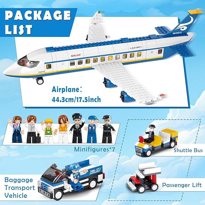 City Passenger Airplane Building Set, 4 in 1 STEM Toy with a Large Plane, Passenger Bus, Luggage Truck, Container Loader, and 7 Minifigures, Compatible with Lego Plane, Airport Gift for Boy 6+