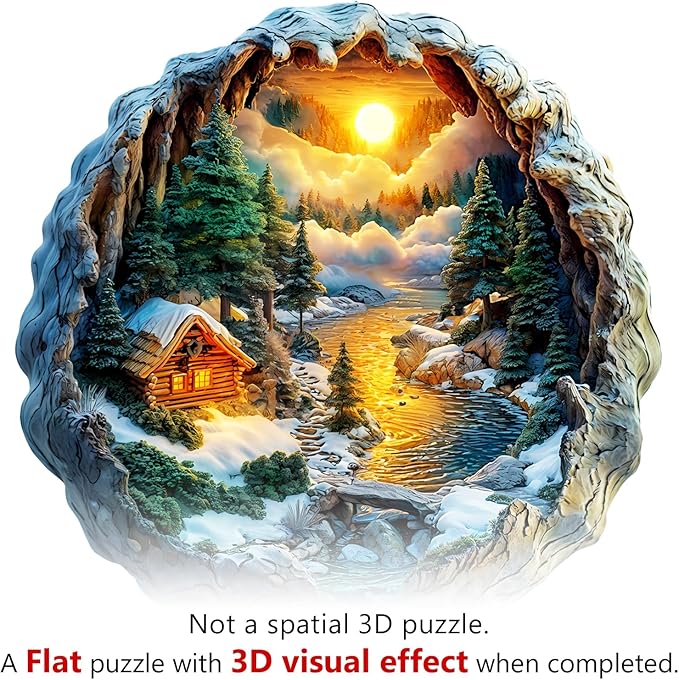 KAAYEE Wooden Puzzles for Adults 200 Pieces Visual 3D Winter Landscape Wooden Jigsaw Puzzles Unique Shaped Wood Puzzle Gifts for Children Father's Day Adults Kids (11.4 * 11.5 in)