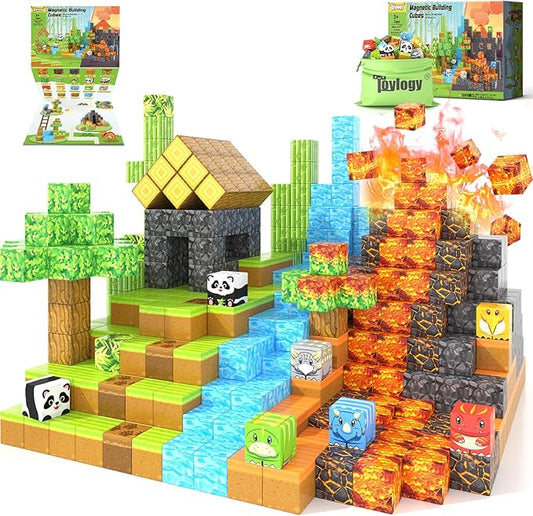 Magnetic Blocks-Build Mine Magnet World Dinosaur Panda Toys Kids Games, Toddler STEM Educational Sensory Dino Toys for Kids 3-5 5-7, Birthday Gifts for 3 4 5 6 7 8 Year Old Boys and Girls