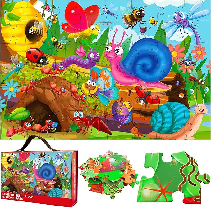 QUOKKA Giant Floor Puzzle for Kids Ages 4-6 – 2x3 Feet Extra-Thick 48 Pieces Toddler Puzzle Ages 3-5 – Bugs Educational Activity for Boys Girls – Premium Box with Sturdy Handle & Magnetic Closure
