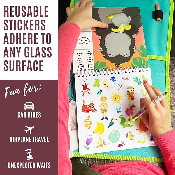 Kids Travel Educational Activity Book with Washable Markers - Car and Airplane Activities, Learning Toys for Toddlers- Search and Find, Reusable Stickers for Ages 4, 5, 6 (Jungle)