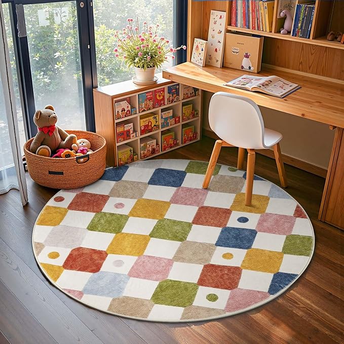 jinchan Round Rug 5ft Kids Washable Rug Colorful Trellis Indoor Floor Cover Non Slip Soft Modern Living Room Diamond Carpet for Nursery Room Bedroom Playroom Circus on Cream