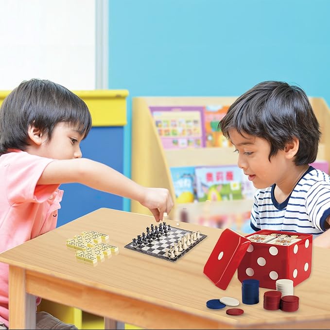 Gamie 6-in-1 Dice Cube Game Set Board Game and Casino Set–Includes Chess, Checkers and Backgammon, 2 Decks of Playing Cards, Poker Chips, Poker Dice and Dominoes-Complete Kit for Family Fun