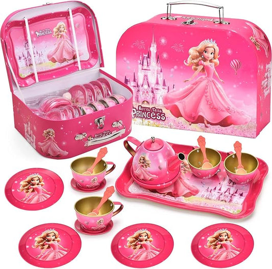 19-Piece Princess Tea Party Set for Girls, Pretend Play Tin Tea Set with Carrying Case, Kids Party Toys for 3-6 Year Olds