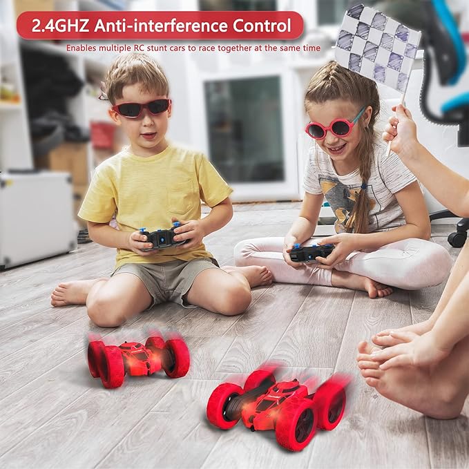Remote Control Car Double Sided 360°Rotating 4WD RC Cars with Headlights 2.4GHz Electric Race Stunt Toy Car Rechargeable Toy Cars for 6-12 Year Old Boys Girls BirthdayGift (Red)