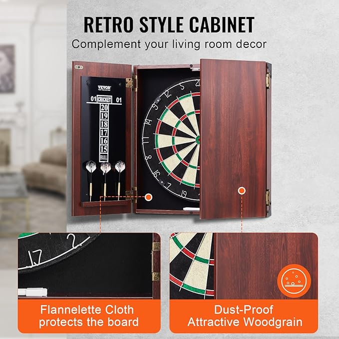 VEVOR Dart Board Cabinet Set, Multiple Styles Ready-to-Play Bundle Official Size, Steel Tip Dart Hideaway Cabinet, Features Easy Assembly, Complete with All Accessories, Perfect for Cricket Games