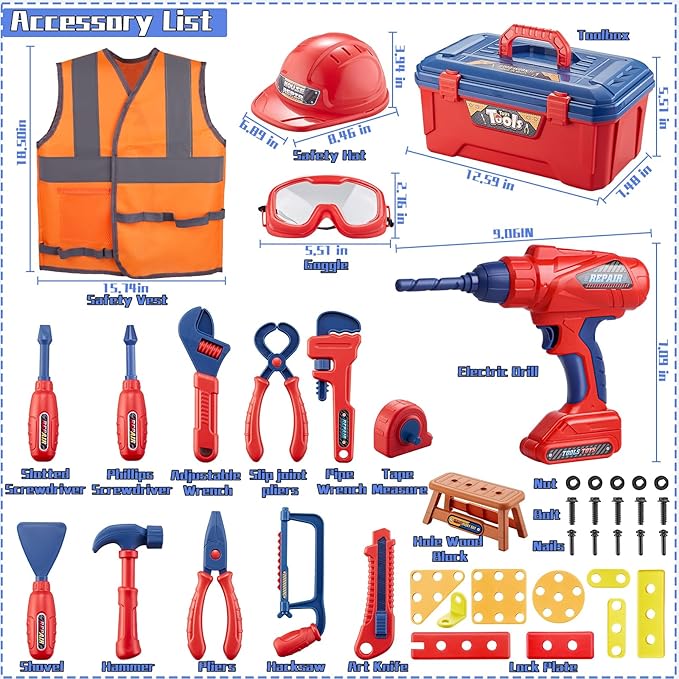 Kids Tool Set, MAGIC4U 49PCS Toddler Tool Set with Electronic Toy Drill,Tape Measure 12 Tool Equipment,Pretend Play Construction Costume with Safety Vest Hat,Toy Tool Box for Kids Boy Girl Age 3-8