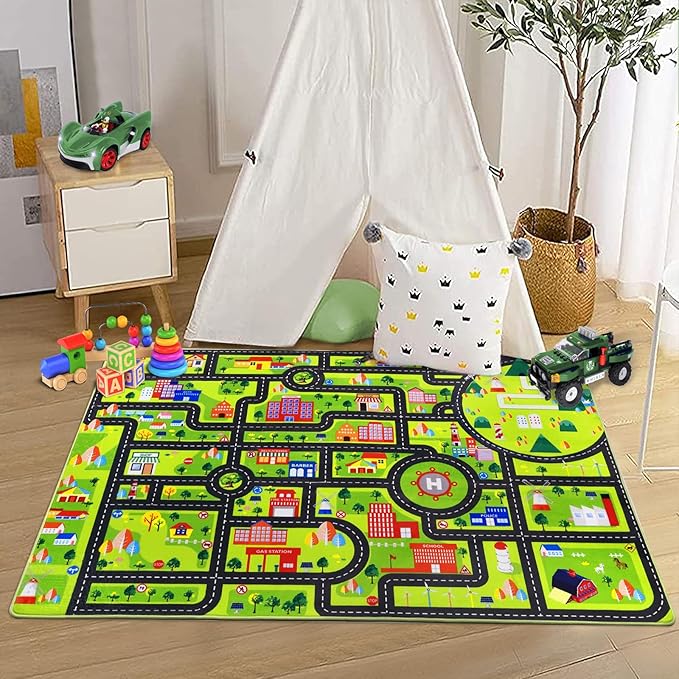 Kids Rug 3x5 City Play Mat Non Slip Exercise Mat Baby Fun Rug Carpet for Kids Toddler City Traffic Road Map Ultra-Soft Educational Kids Street Carpet Mat for Bedroom Playroom Nursery Black