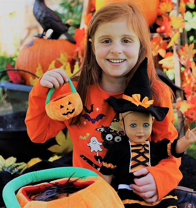 Playtime by Eimmie 18 Inch Doll Clothes and Accessories - Halloween Witch Costume with Hat and Plush Pumpkin - Clothing Sets & Stuff - Fits American, Generation & Similar 18” Dolls for Girls
