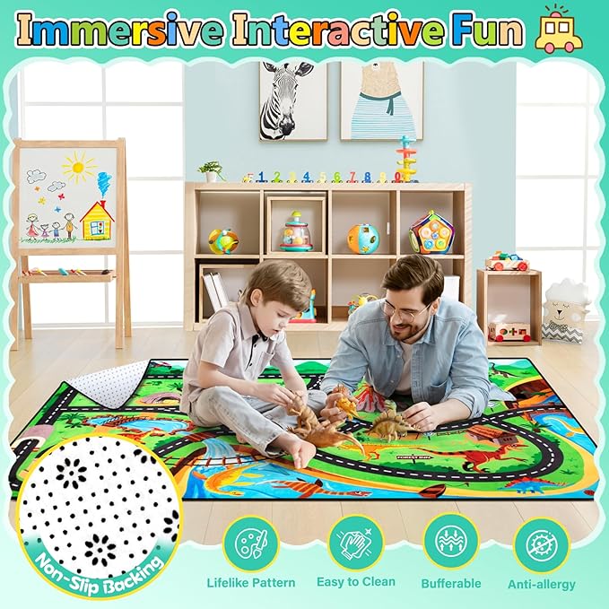 Kids Rug, Car Carpet for Kids' Toy Cars, 4x6 Ft Dinosaur Rug, Dino Safari Road Rugs for Playroom, Educational Learning & Game Area Playmat Carpet for Kid
