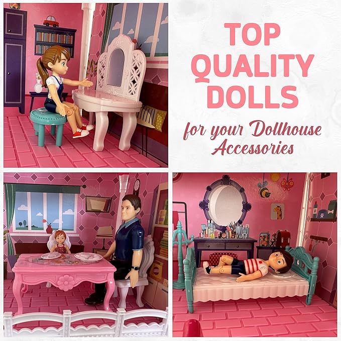 Family Dollhouse People - Doll House People Figures - 5 Poseable Action Figures Incl. Mom, Dad, Sister, Brother, Toddler - Small Dolls for Dollhouse - Dollhouse Dolls (Family)