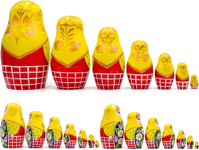 AEVVV Russian Matryoshka Dolls Set of 7 pcs - Russian Dolls in Sarafan Dress with Hand Painted Chamomile and Lilac Flowers - Russian Matreshka