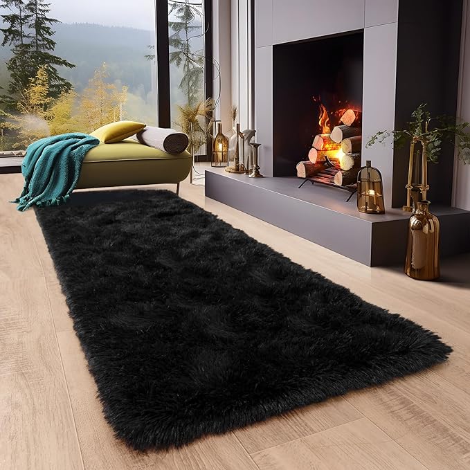 Super Fluffy Runner Rug for Bedroom, Modern Shag Black Area Rugs, Soft and Cozy Plush Small Carpet for Kids,Girls Boys and Teens Decorations for Living Room Dorm Nursery Classroom, 2x6 Feet