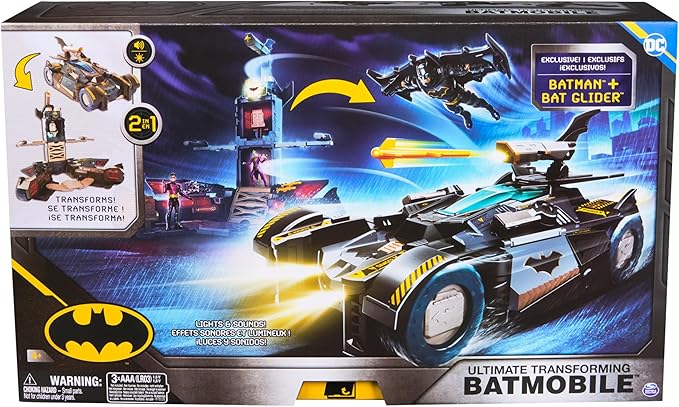 DC Comics Batman, Ultimate Transforming Batmobile Playset, 2-in-1 Playset with Exclusive Figure and Glider, Lights, Sounds, Kids Toys for Boys and Girls 4 and Up