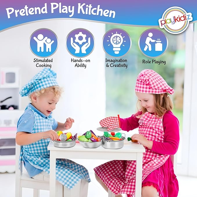 Playkidz Stainless Steel Pots and Pans - Toy Cookware 9 Piece Playset for Kids Pretend Play House - Great Birthday Gift for Girls