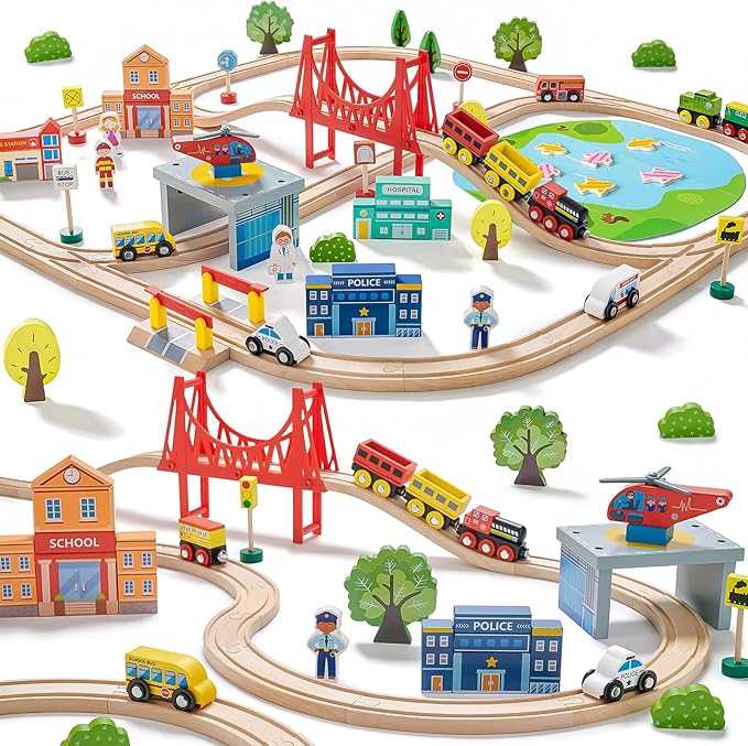 Tiny Land Train Set 110pcs Wooden Train Set, Toy Train Set with Tracks & Accessories, Montessori Toys for Boys & Girls Ages 3-7, Birthday Gift Railway Set for Toddlers & Kids